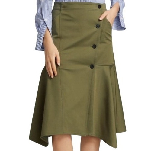 Derek Lam 10 Crosby Army Green Nadia Asymmetrical Button Front Midi Skirt Size 2